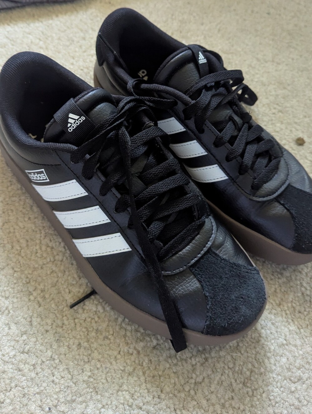 adidas Black Sneakers with White Stripes and Gum Sole